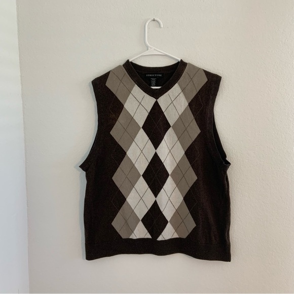 Vintage Structure Academia Brown Diamonds Argyle Sleeveless Grandpa Sweater Vest - Picture 5 of 7